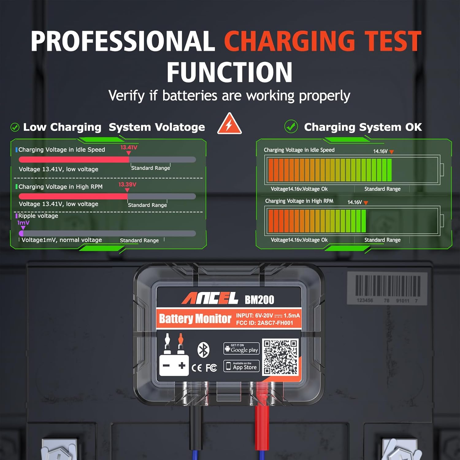 BM200-US Car Battery Tester 12V Automotive Battery Monitor Bluetooth | Auto Battery Load Tester with Cranking