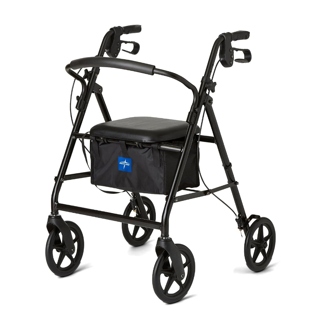 Aluminum Rollator Walker, Burgundy, 300 lb. Weight Capacity, 8” Wheels, Adjustable Height Handle, Padded Seat &
