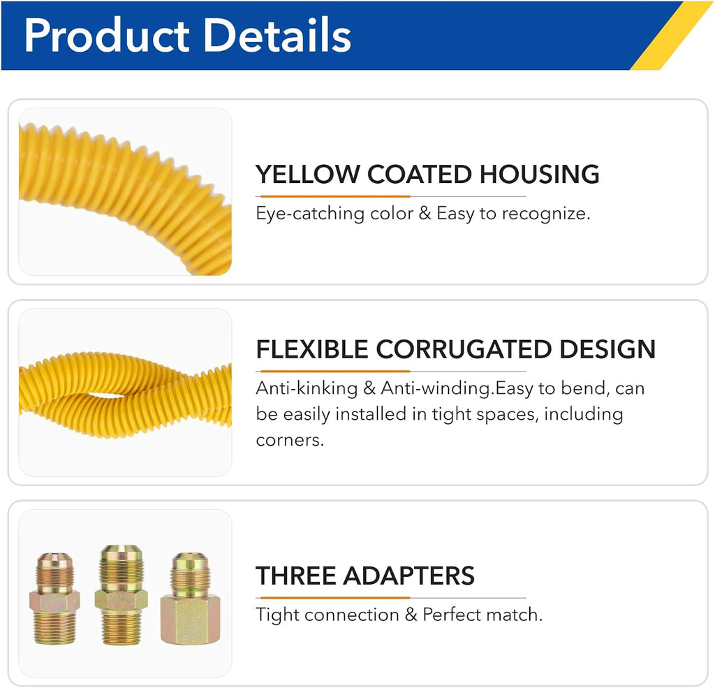 48" Flexible Gas Line Kit for Dryer/Stove,5/8" OD x 3/4" & 1/2" Connectors