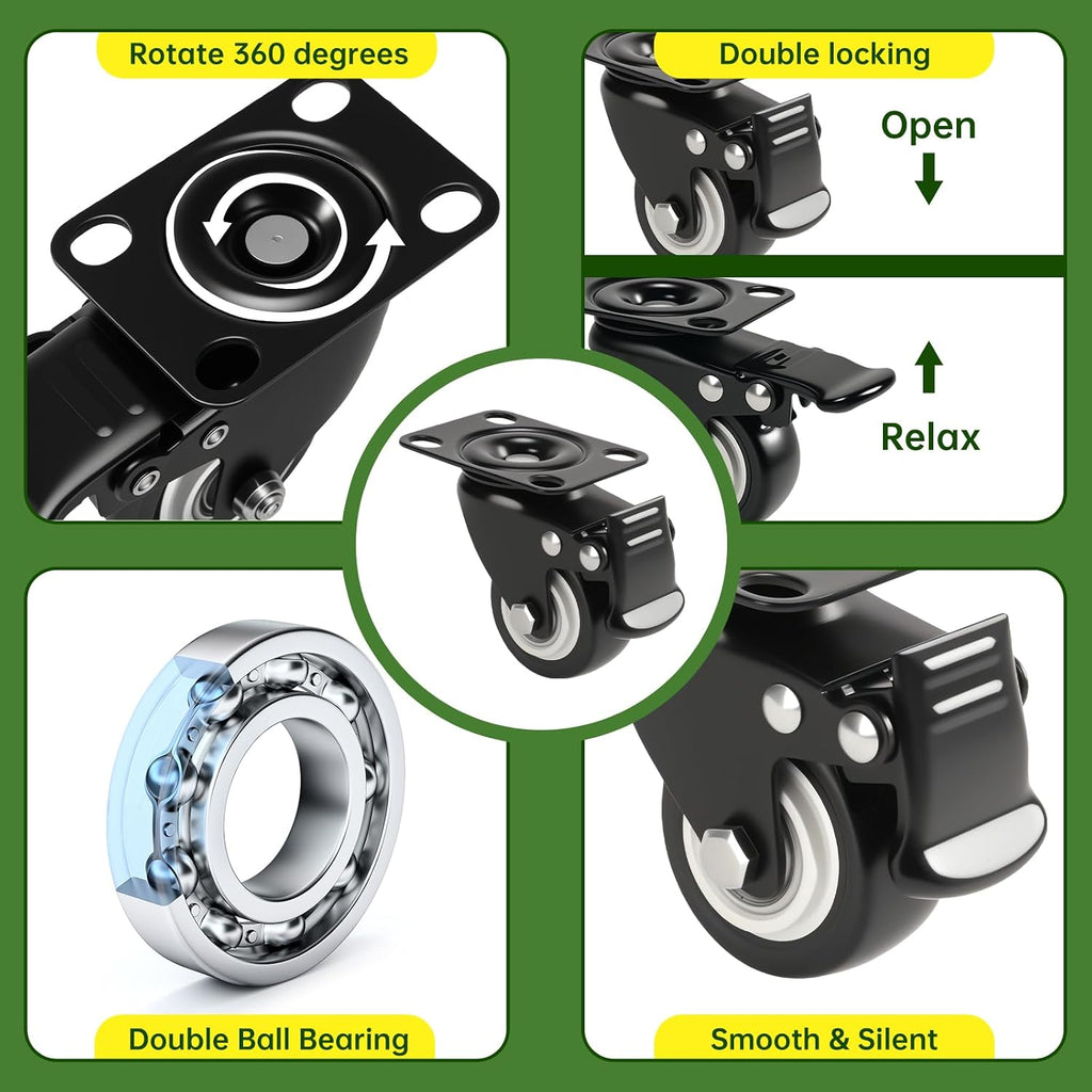 2" Caster Wheels Set of 8 - Heavy Duty Swivel Plate Casters with No Noise Locking, Wheels for Furniture, Cart, Workbench