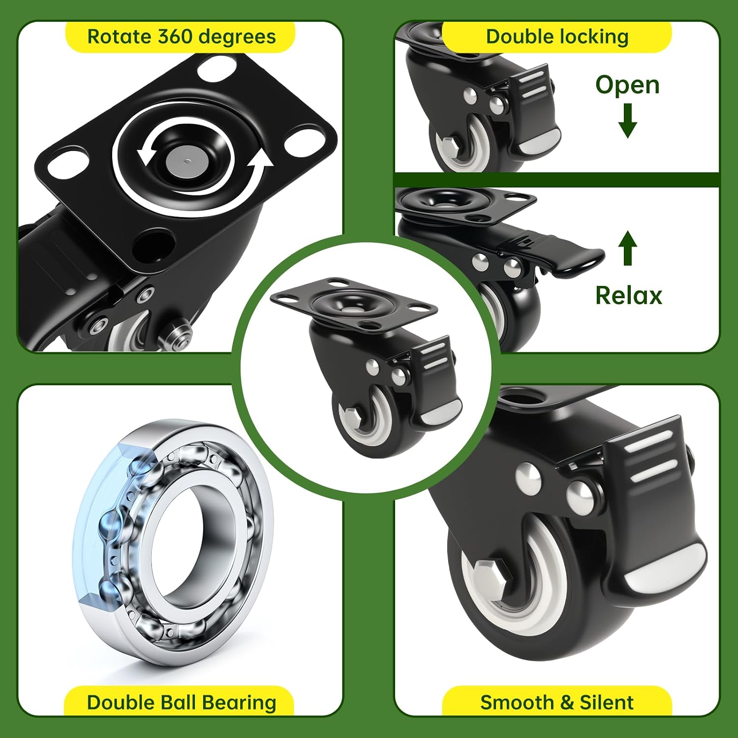 2" Caster Wheels Set of 8 - Heavy Duty Swivel Plate Casters with No Noise Locking, Wheels for Furniture, Cart, Workbench