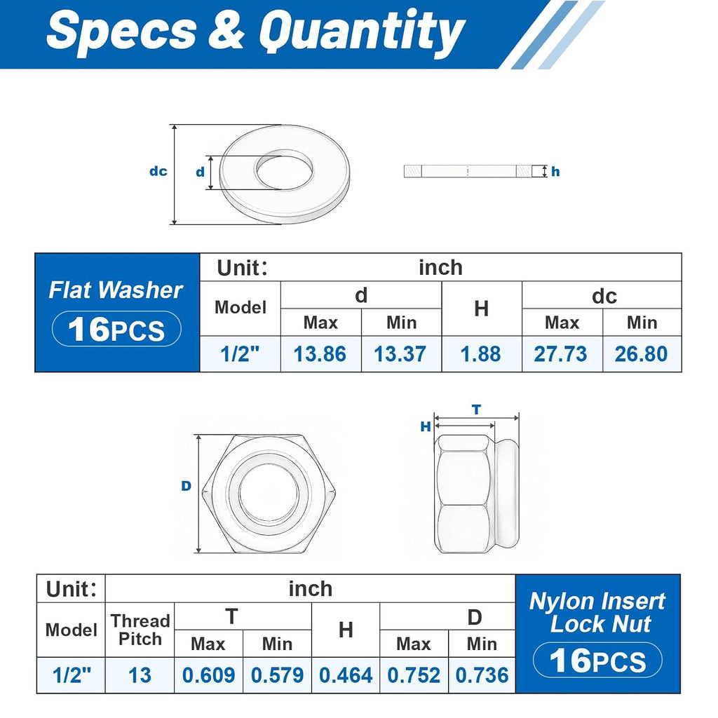 1/2-13 Lock Nut 32Pcs Stainless Steel Nylock Locking Nuts with Washers