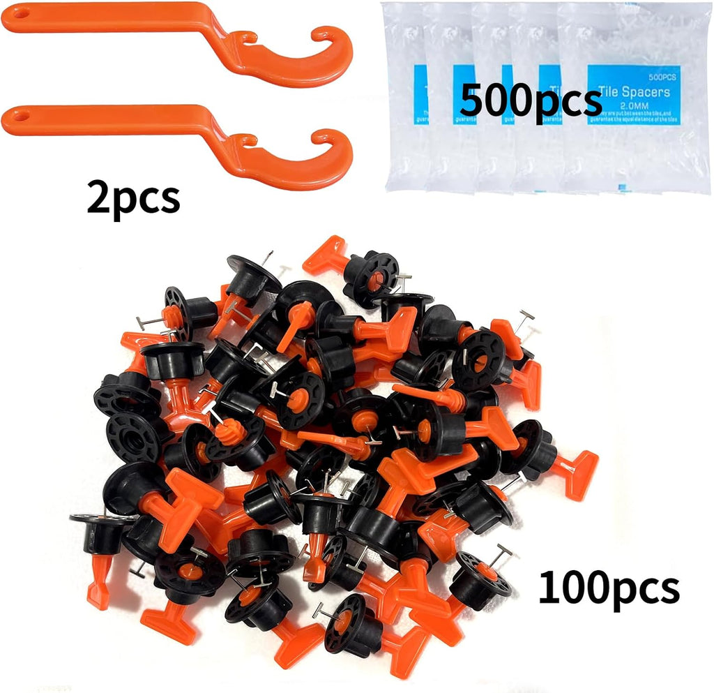Tile Leveling System Kit,100pcs Reusable Tile Leveler Spacers+500pcs Cross-shaped Tile Spacers+2 wrenches