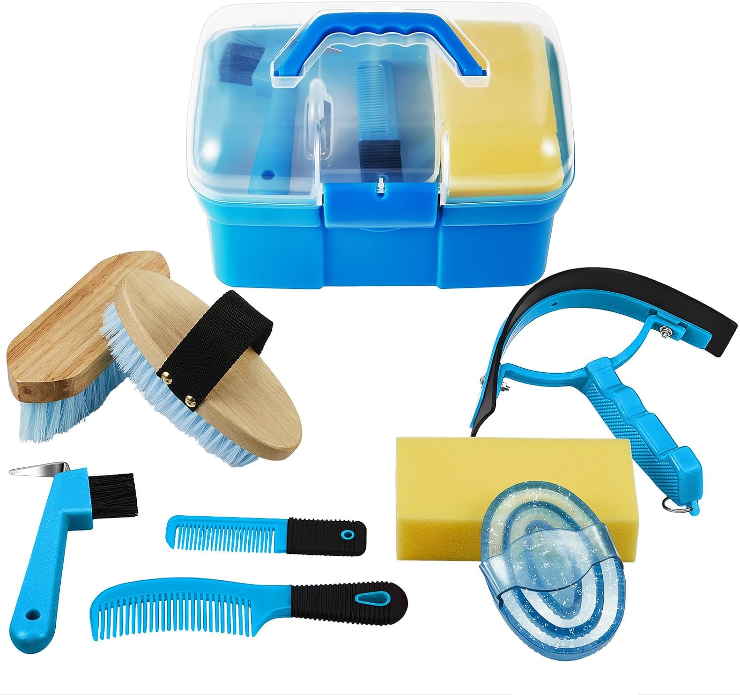 9 Pieces Horse Grooming Kit with Organizer – Curry Comb, Hard & Soft Brushes, Hoof Pick, Sweat Scraper, Sponge –