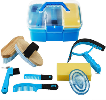 9 Pieces Horse Grooming Kit with Organizer – Curry Comb, Hard & Soft Brushes, Hoof Pick, Sweat Scraper, Sponge –