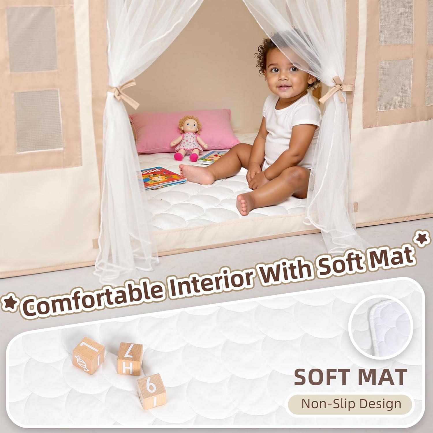 Kids Play Tent Indoor: with Mat, Tassel Garland - Girl Tent Indoor Playhouse for Kids Toys for Boy Girl Birthday Gift