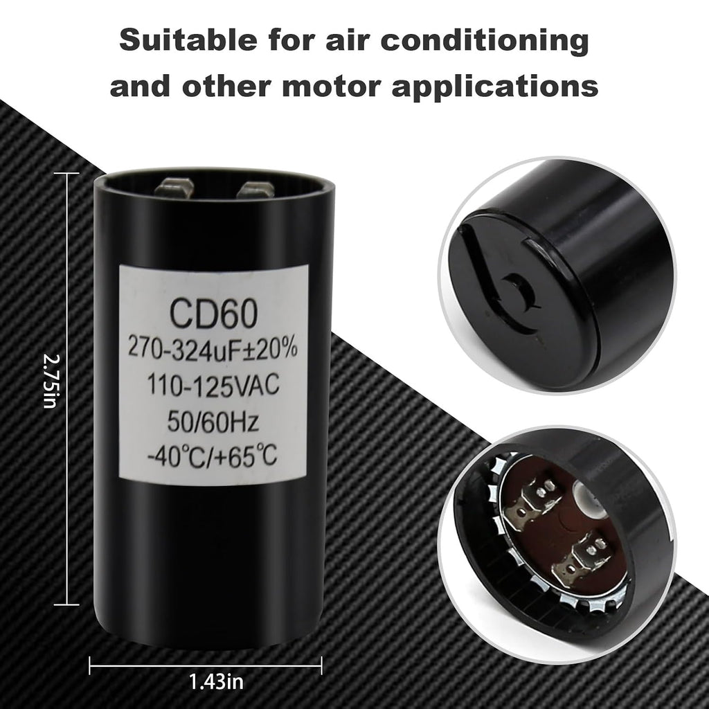 270-324 Mfd uF 110-125VAC Round Motor Start Capacitor, 50/60 Hz AC Electric Start Capacitors CD60B, 40°C to +65°C / -40°F to 149°F (110-125VAC)