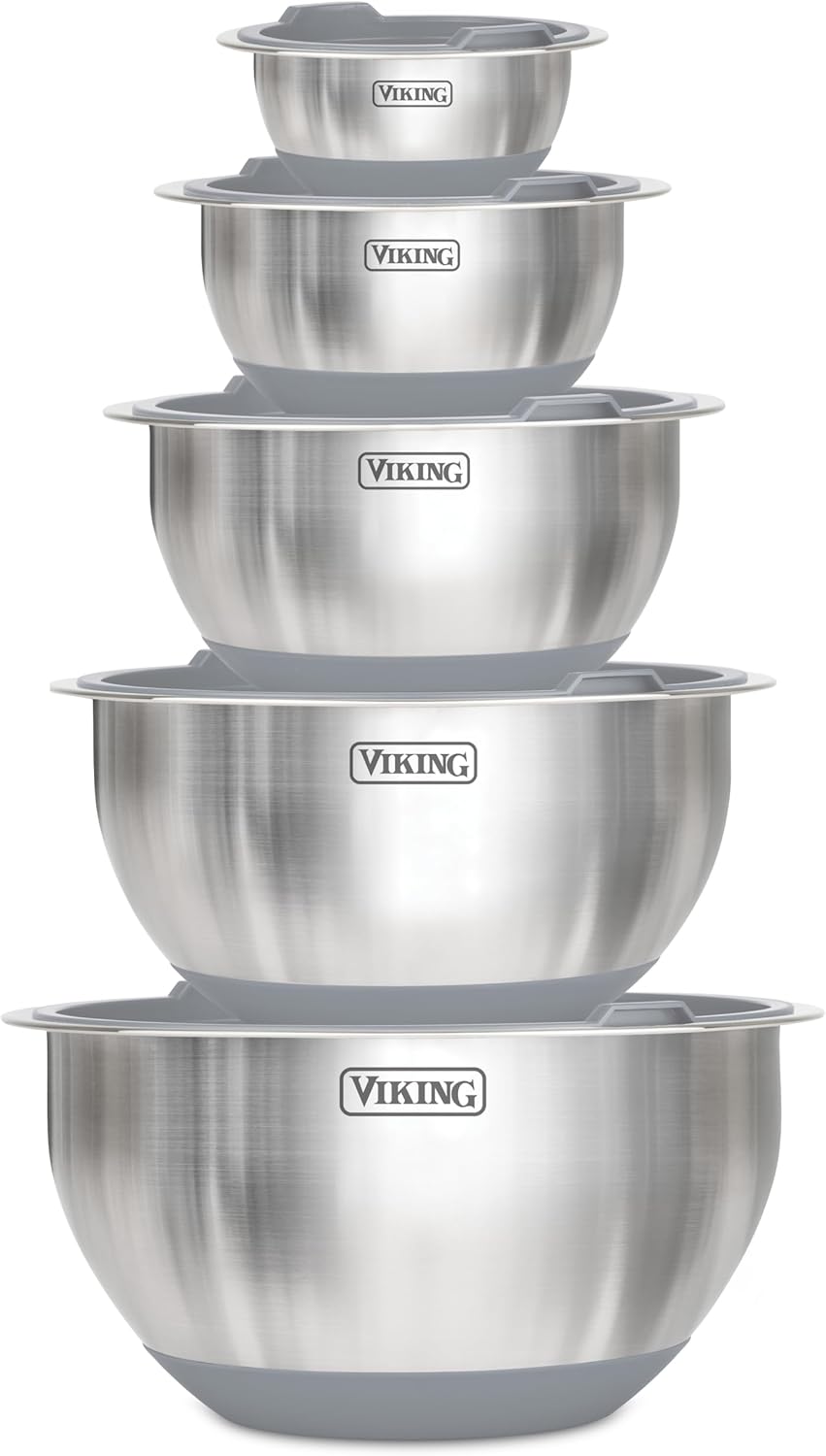 Mixing Bowls Set, 10 Piece Stainless Steel Kitchen Cookware, Non-Slip Silicone Base, Includes Tight Fit Lids