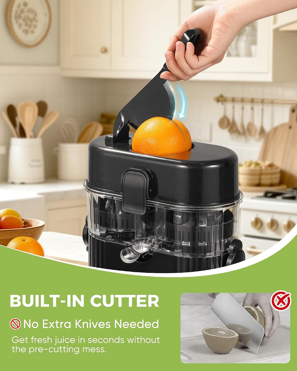 Dual-Head Electric Orange Juicer, Built-in Cutter Citrus Juicer Squeezer with Power Cord & Cleaning Brush, One-Touch