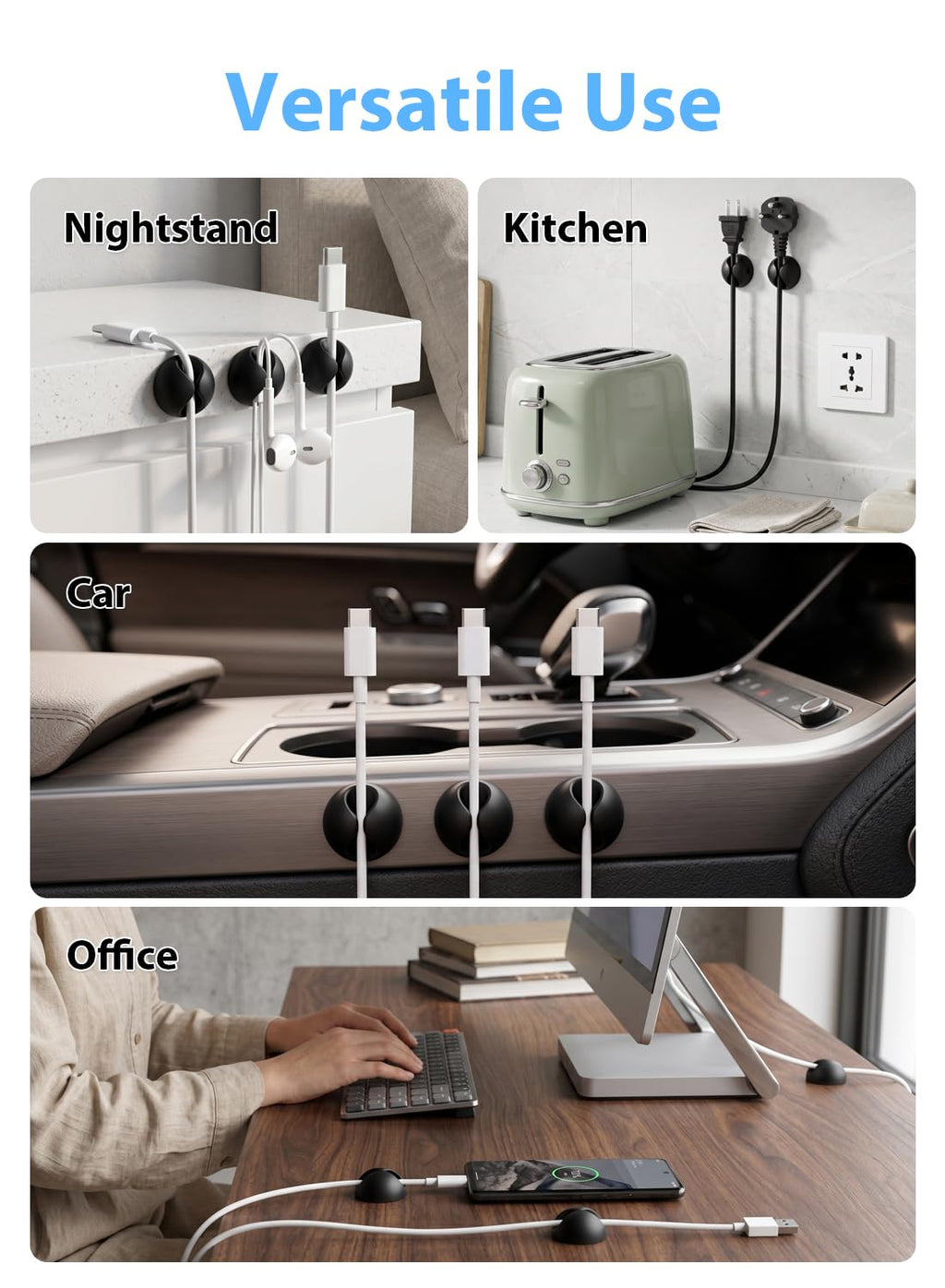 Shintop 6pcs Cord Holder for Nightstand, Self-Adhesive Cable Clips