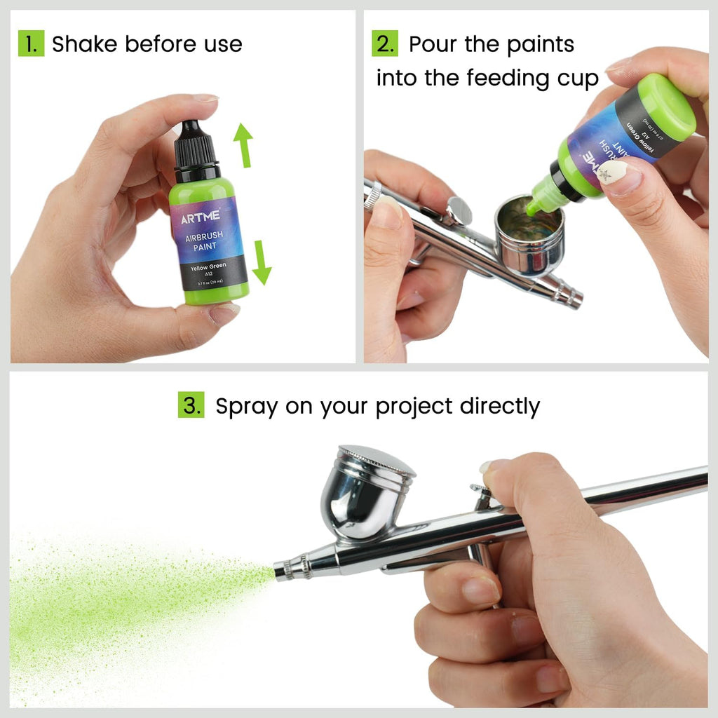 Airbrush Paint, ARTME 42 Colors with 3 Thinner, Ready to Spray, Opaque & Water Based Acrylic Airbrush Paint Set