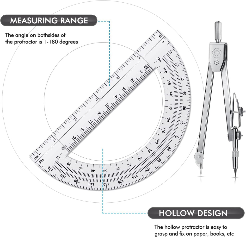 3 Pcs Plastic Ruler 6 Inch Protractor Drawing Compass Set, Student Geometry Math Transparent Measuring Tools for Home