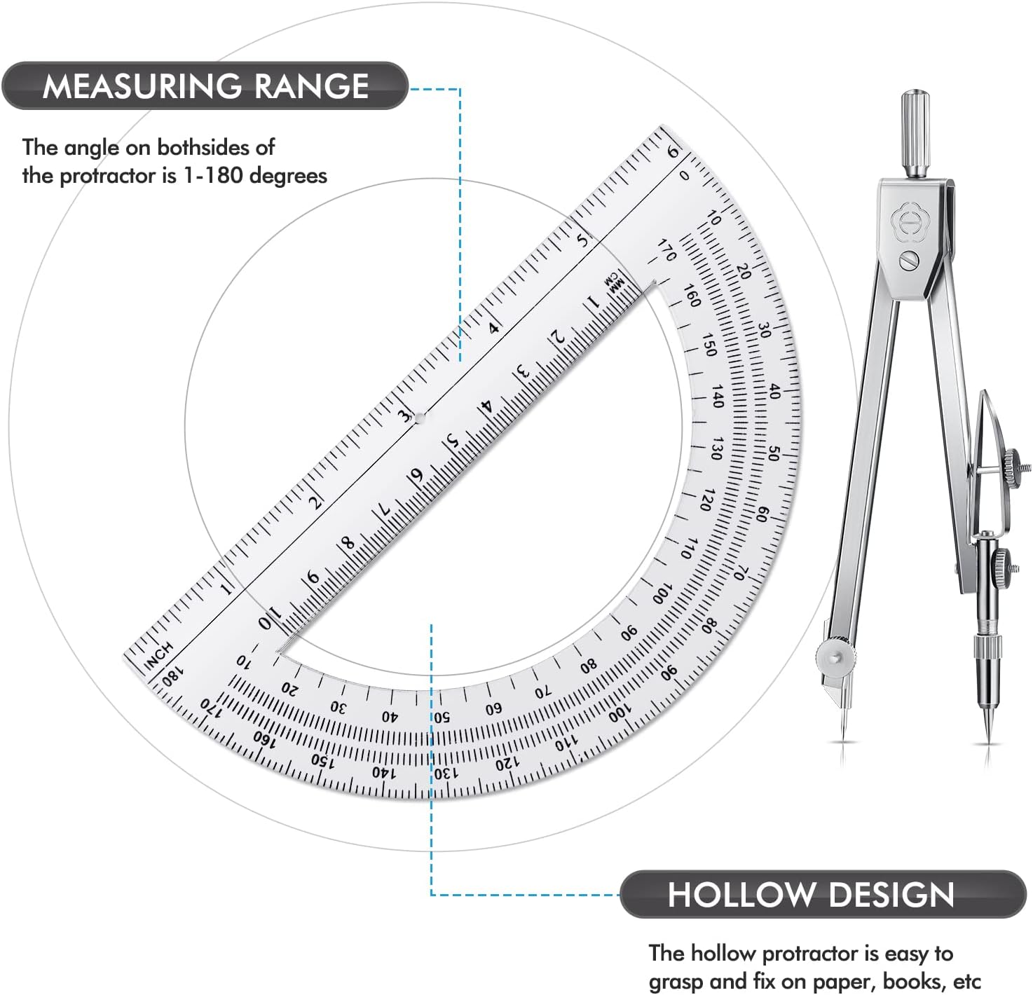 3 Pcs Plastic Ruler 6 Inch Protractor Drawing Compass Set, Student Geometry Math Transparent Measuring Tools for Home