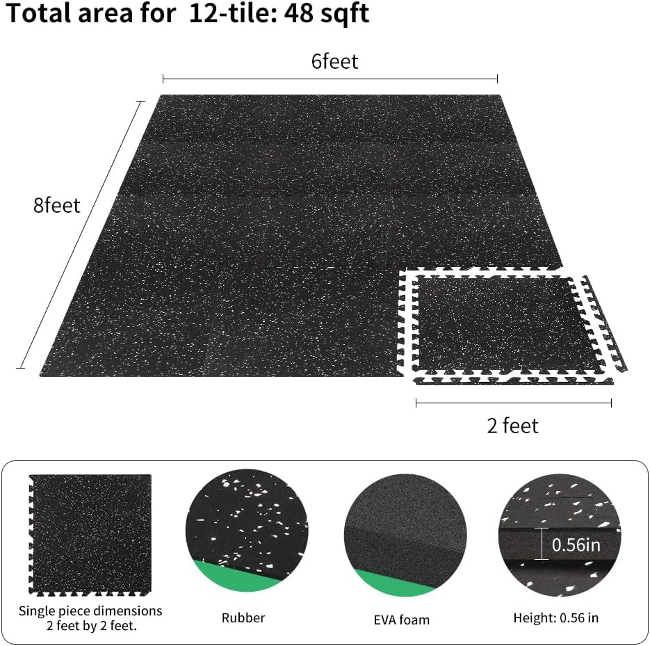 0.56in Thick 48 Sq Ft Gym Flooring for Home Gym, 12 Tiles Workout Exercise Equipment Mats, Rubber Top with EVA Foam