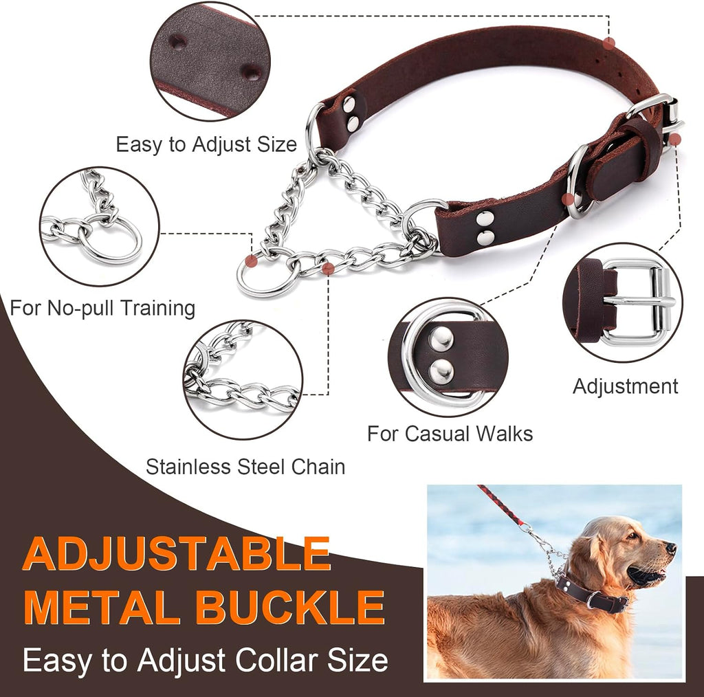 Leather Martingale Dog Collar, Genuine & Stainless Steel Chain Martingale Collar No-Pull Adjustable Anti-Slip
