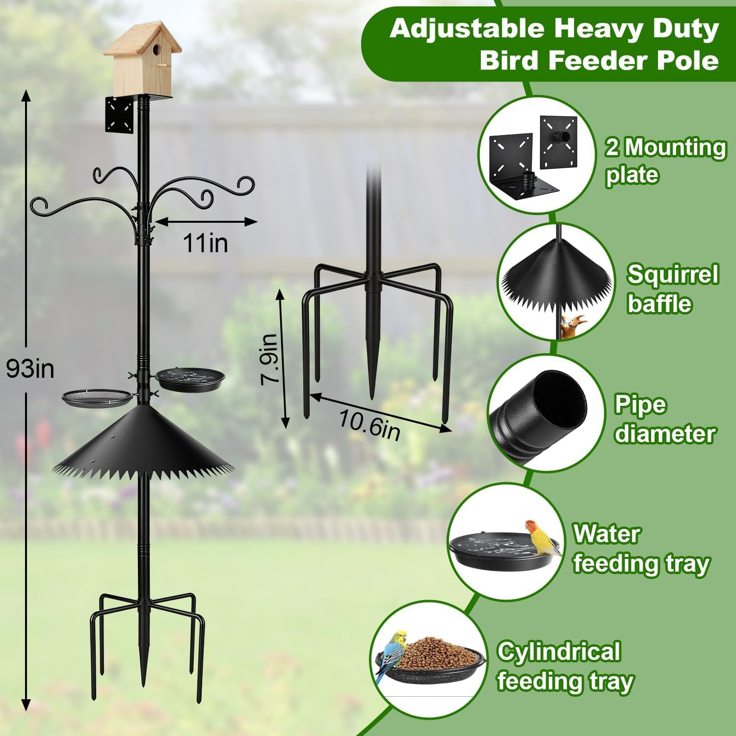 Bird Feeder Pole, 93 Inch Heavy Duty Birdhouse Pole with Spiked Baffle & 2 Tray, Adjustable Wild Bird Feeding Station