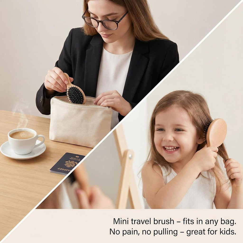 Boar Bristle Hair Brush and Comb Set for Women Men Kids, Best Natural Wooden Paddle Hairbrush and Small Travel