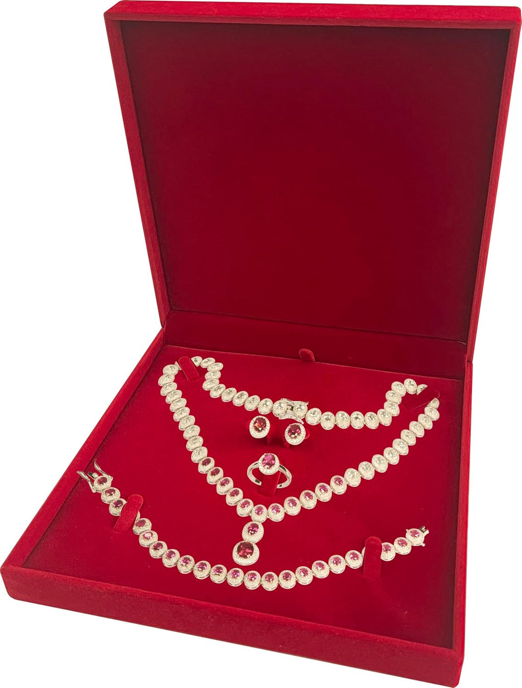 Premium Velvet Extra Large Necklace Earring Ring Bracelet Set Jewelry Gift Box (1, Red)