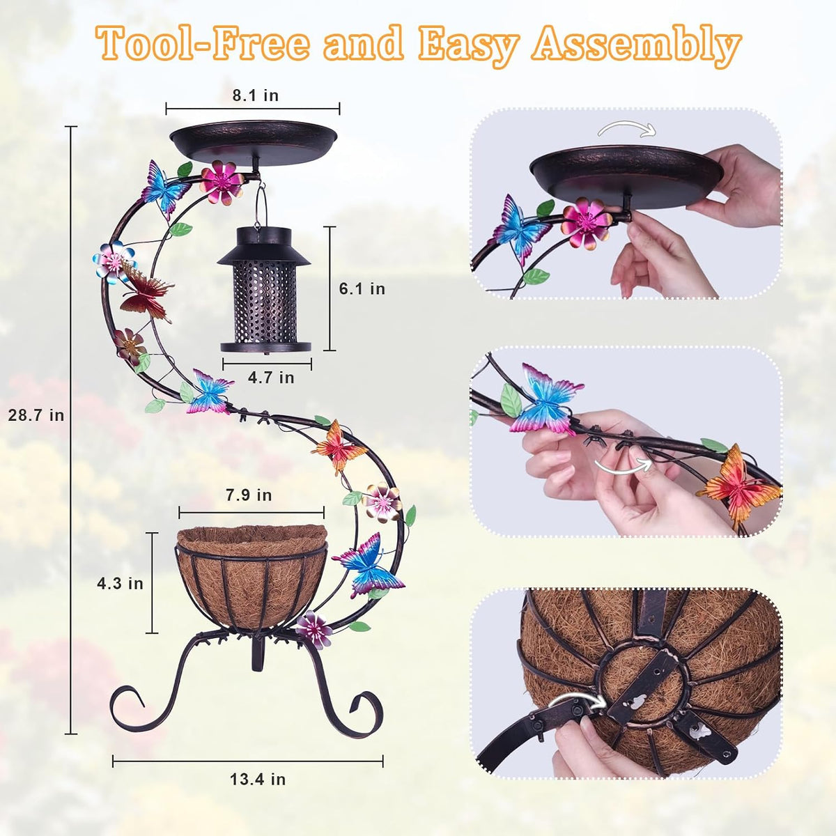 3-in-1 Vintage Bird Bath & Detachable Hanging Bird Feeder with Flower Planter, Metal Heavy Duty Outdoor Birdbath