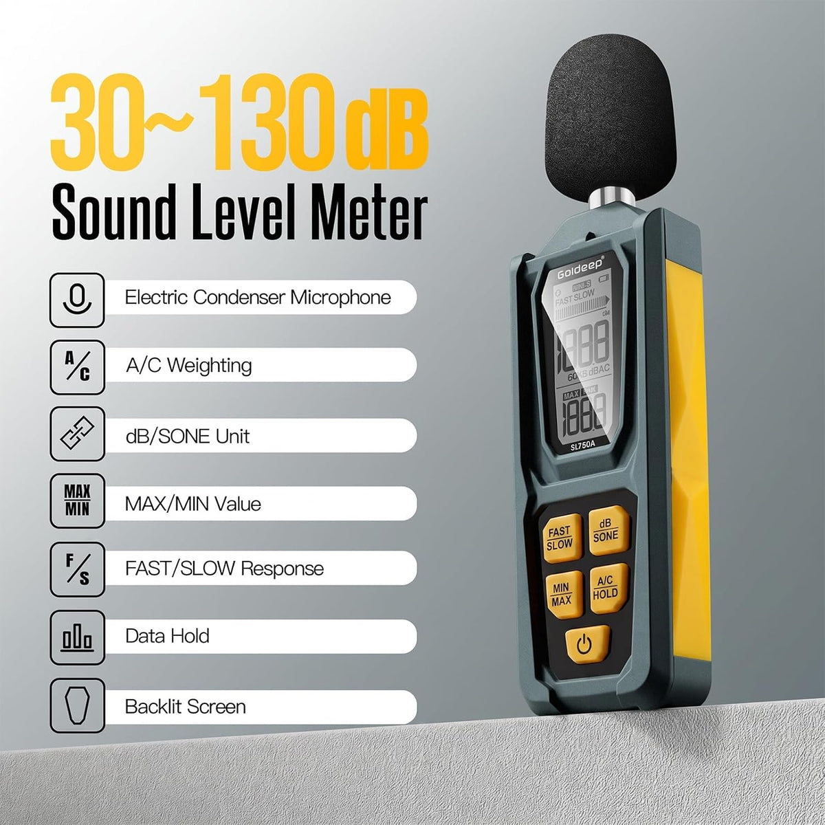 Decibel Meter, Goldeep Sound Level Meter, Portable SPL Tester-Bright Yellow