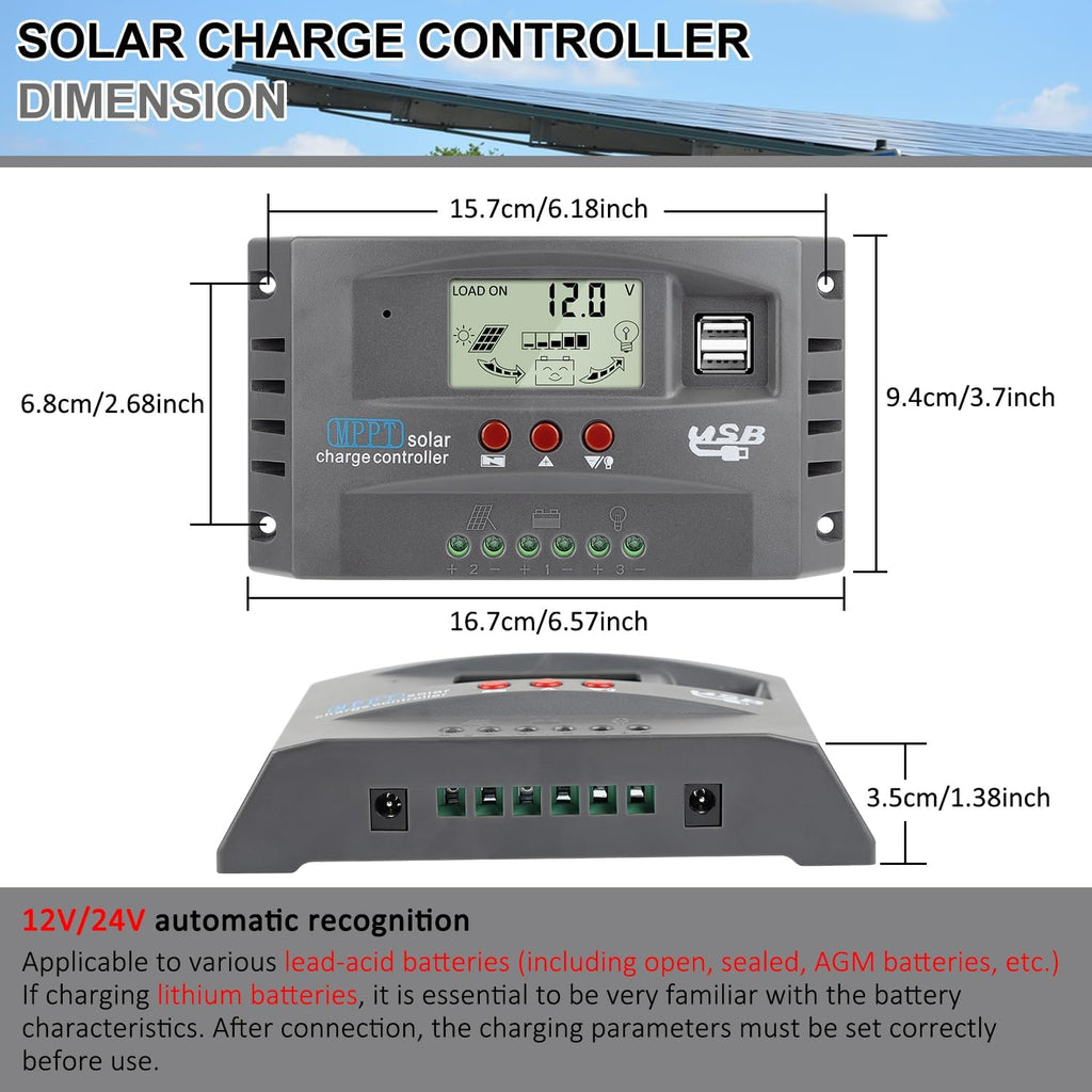 [Upgraded] 30A MPPT Solar Charger Controller 12V/24V Solar Panel Battery Intelligent Regulator with LCD Display, Dual