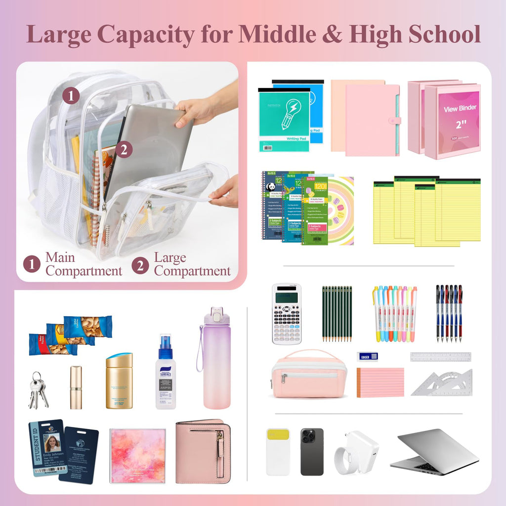 Clear Backpack for School - 18 Inch Extra Large Clear Bookbag White