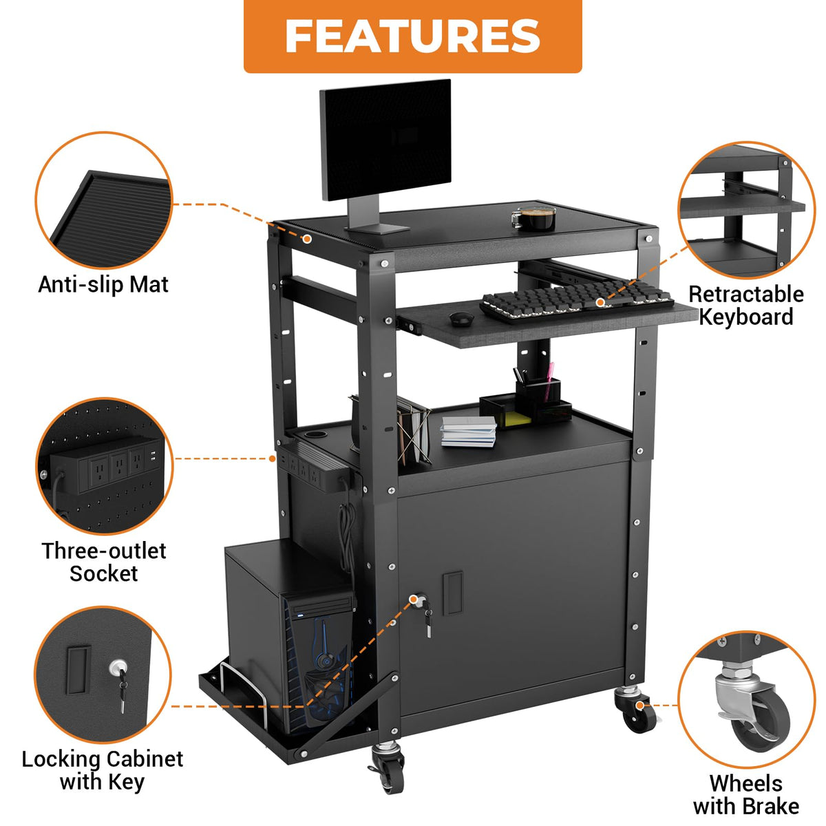 Mobile AV Cart with Side Shelves, Rolling Computer Cart Height Adjustable Rolling Media Utility Cart with Pullout