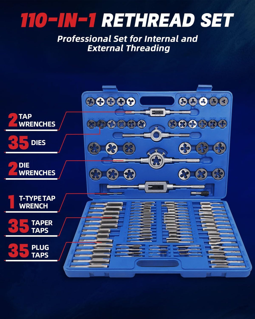 110PCS Tap and Die Set, Metric Tap and Die Rethreading Kit