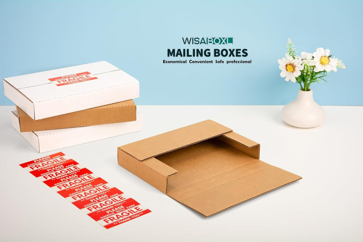 9x6x1.3 inch Shipping Boxes with Fragile Stickers, Brown, 25-Pack