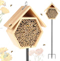 Mason Bee House for Garden,Natural Wooden Bee Hive with Metal Ground Stake