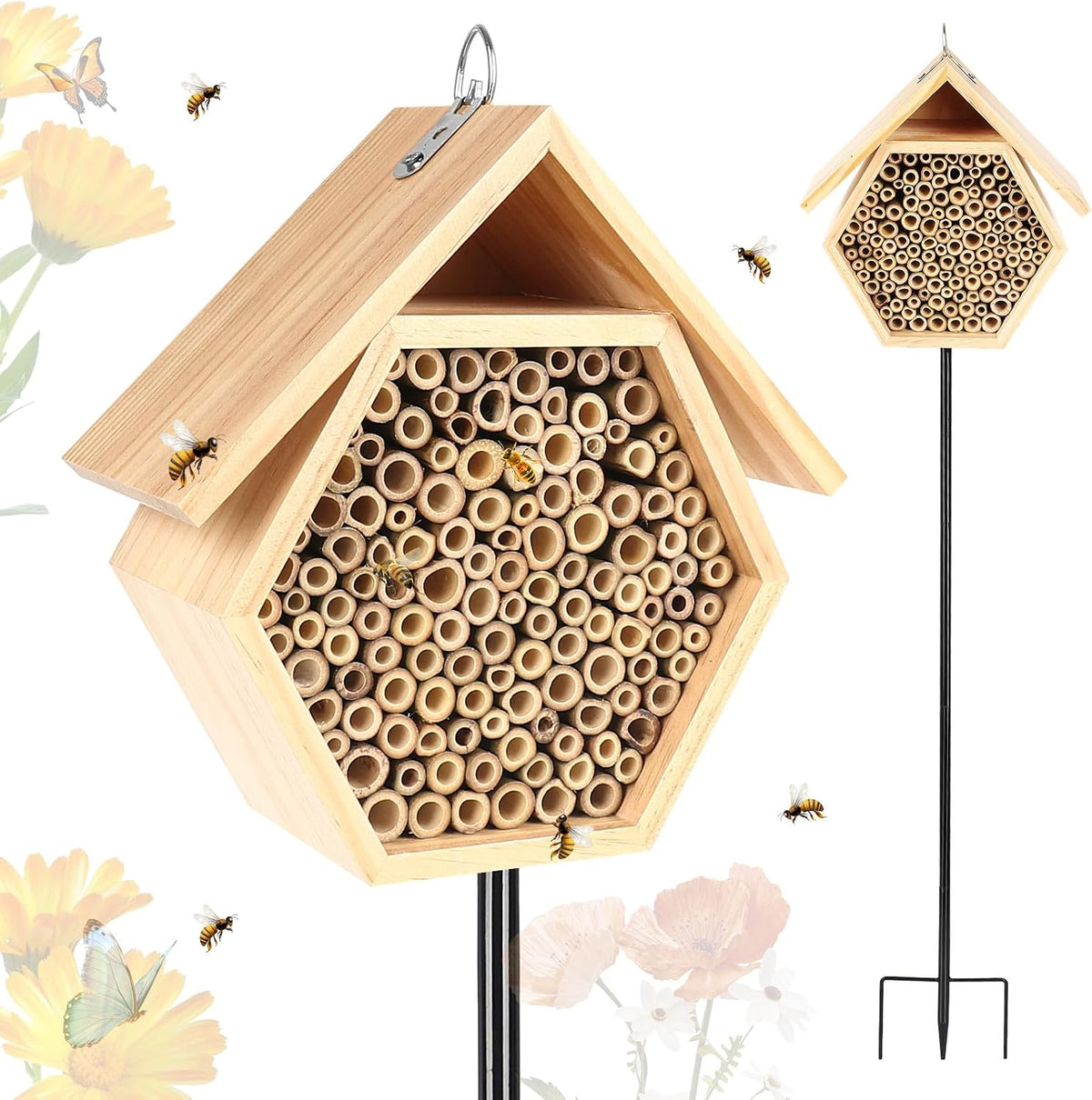 Mason Bee House for Garden,Natural Wooden Bee Hive with Metal Ground Stake