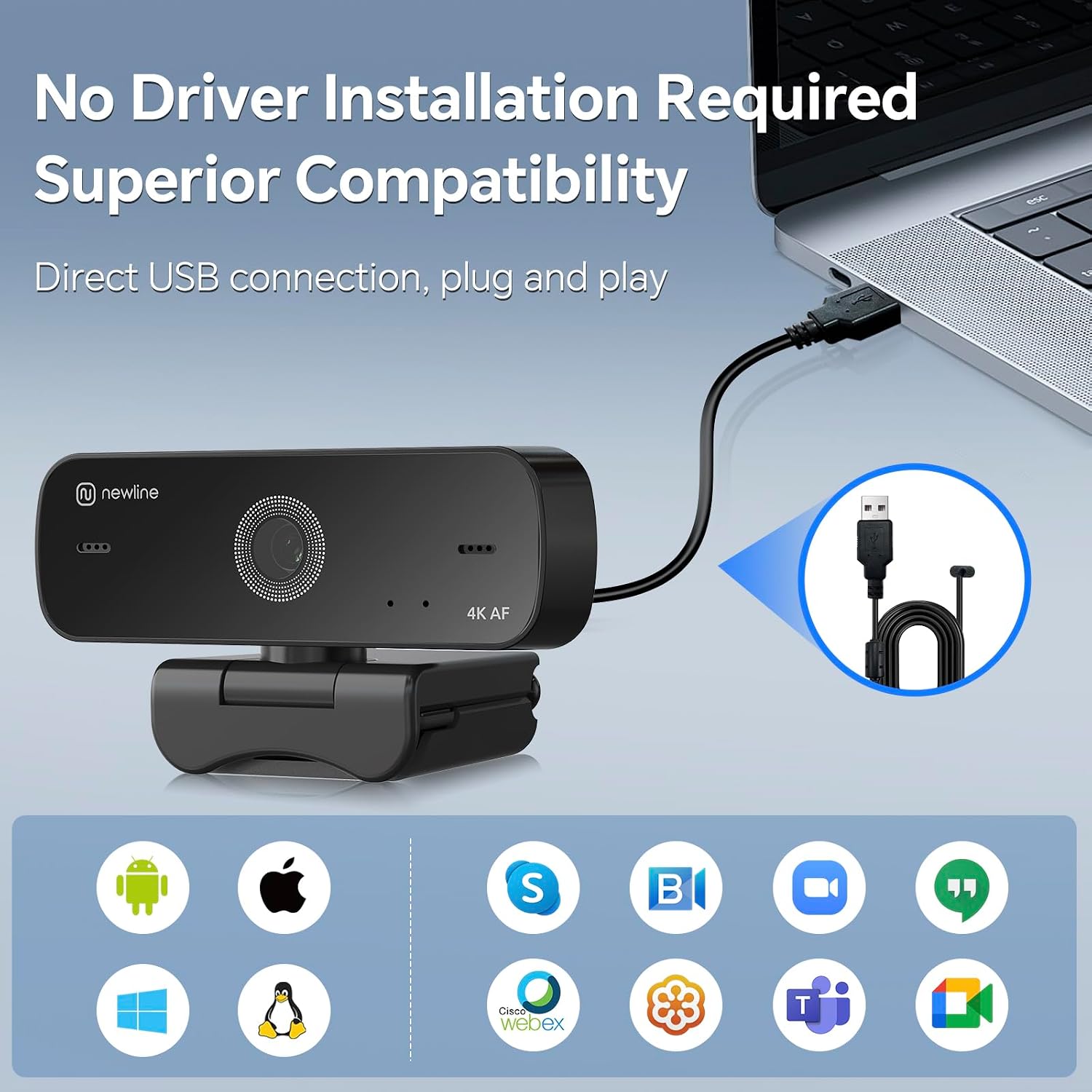 4K Webcam for PC with Dual Microphones, Autofocus USB Camera with Privacy Cover and Auto Light Correction, Plug and