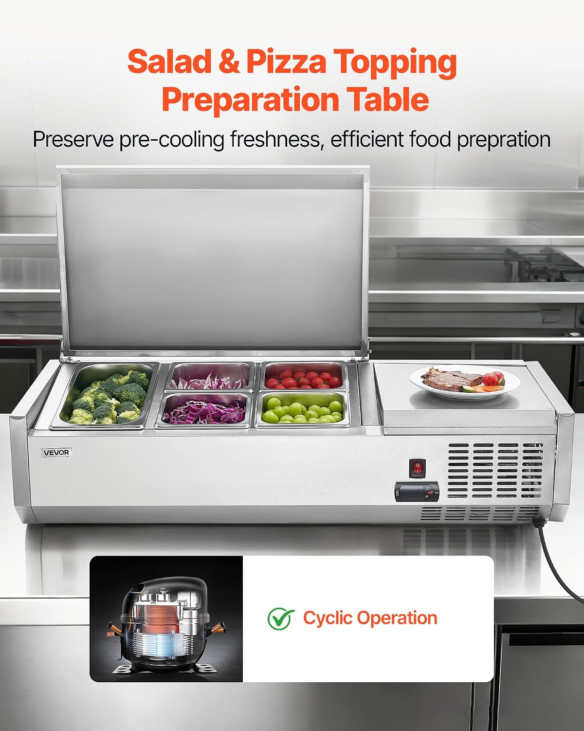 Refrigerated Condiment Prep Station, 120 W Countertop Refrigerated Condiment Station, with One 1/3 Pan & Four 1/6