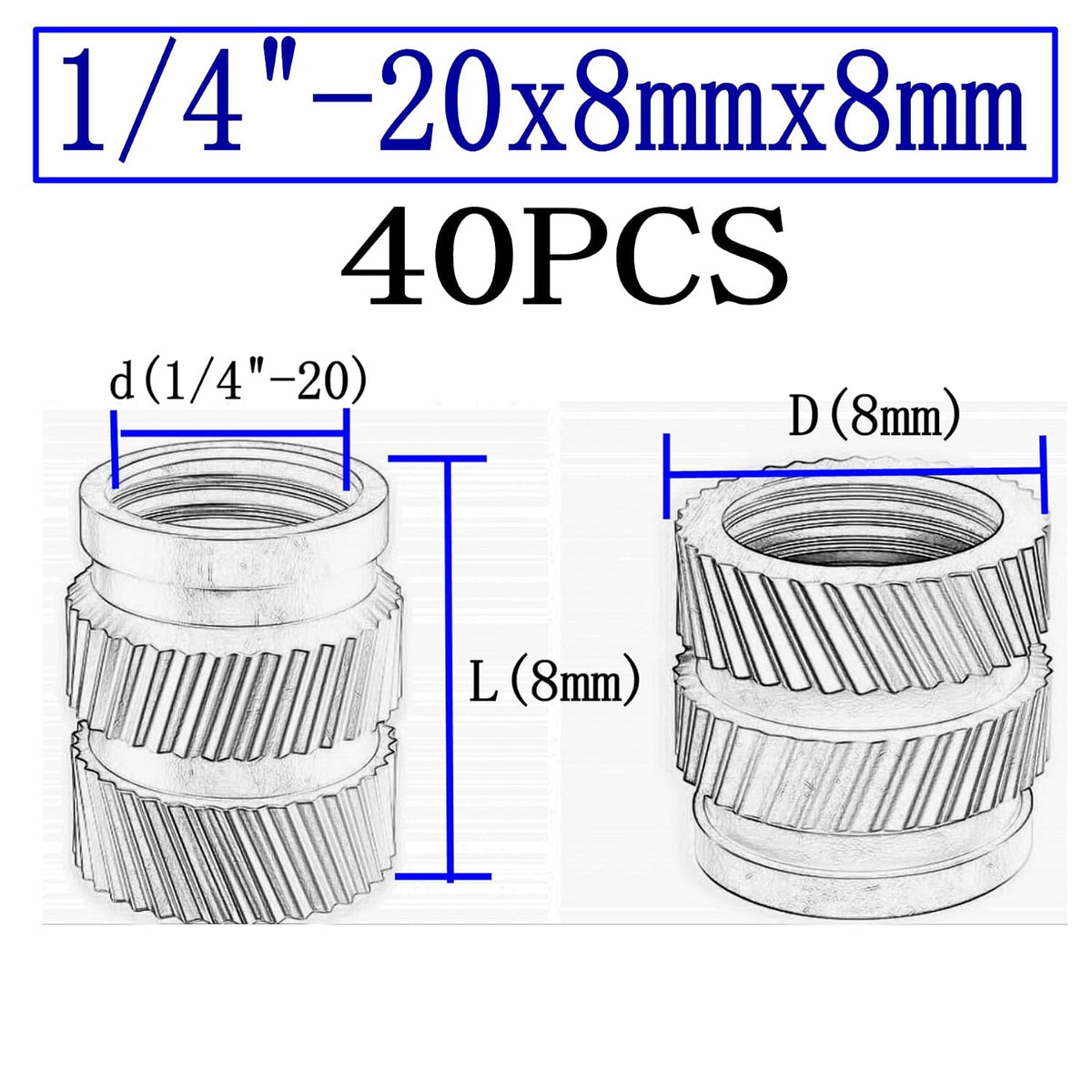 40pcs Brass Threaded Inserts, 1/4"-20x8x8 Heat Set Insert for 3D Printing