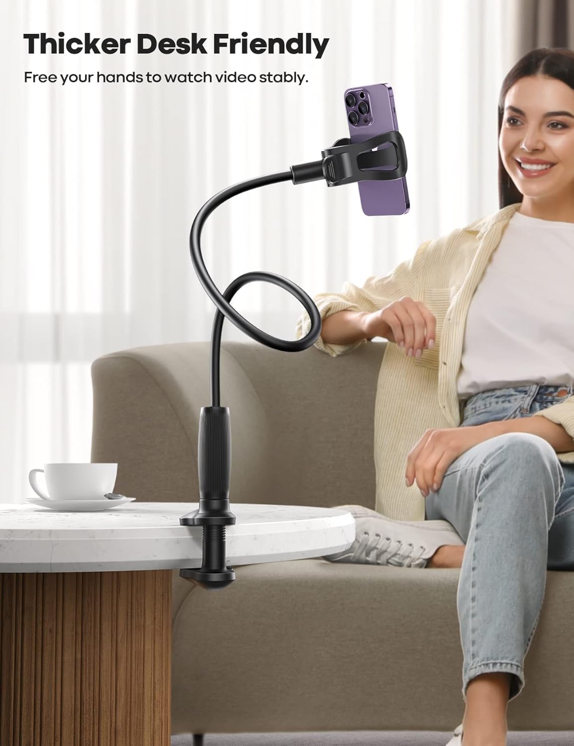 Gooseneck Phone Holder for Bed - [Upgraded Stable Clip] for Desk, Headboard, Bed, Bedside, Table, Flexible Gooseneck