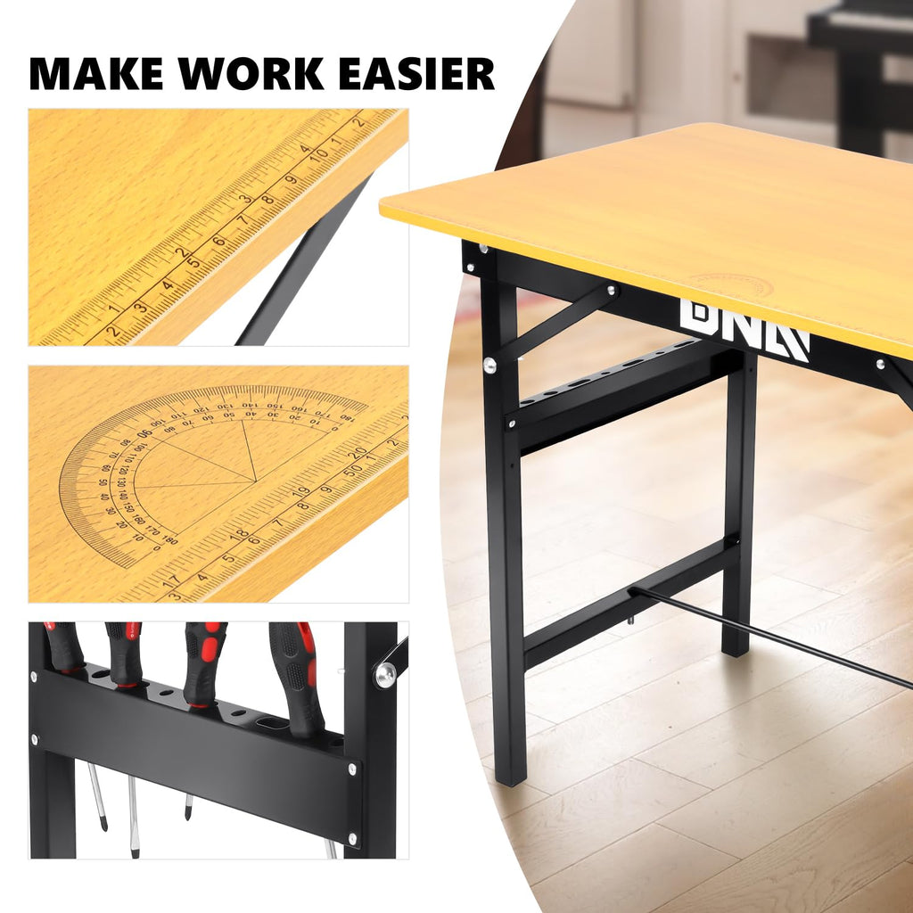 Portable Folding Work Table with Measuring Tape and Angle Finder - Ideal for Garage, Home, DIY Woodworking,TOOLS-00460