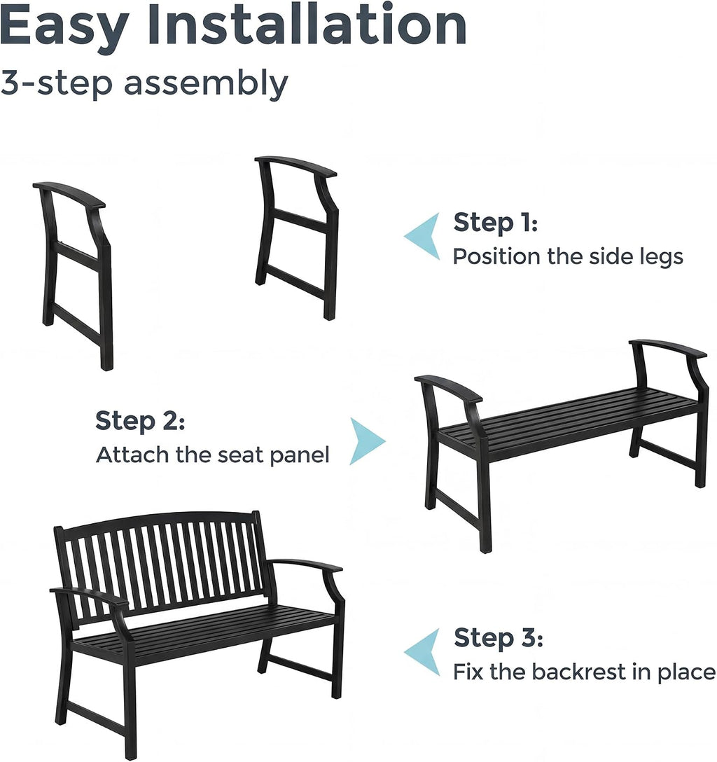 52" Farmhouse Outdoor Bench with Armrest, Black & Gold | Anti-rust Aluminum Frame, Faux Wood Grain Finish