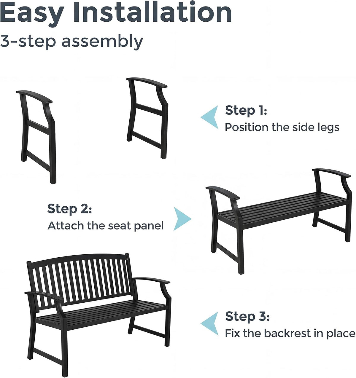 52" Farmhouse Outdoor Bench with Armrest, Black & Gold | Anti-rust Aluminum Frame, Faux Wood Grain Finish