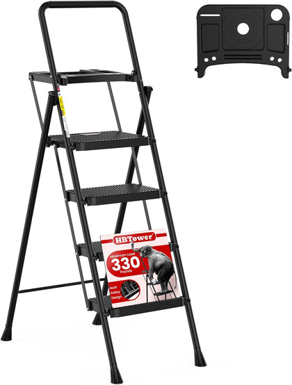 Step Ladder, Folding Step Stool with Wide Anti-Slip Pedal, Sturdy Steel Ladder, Convenient Handrail, Lightweight