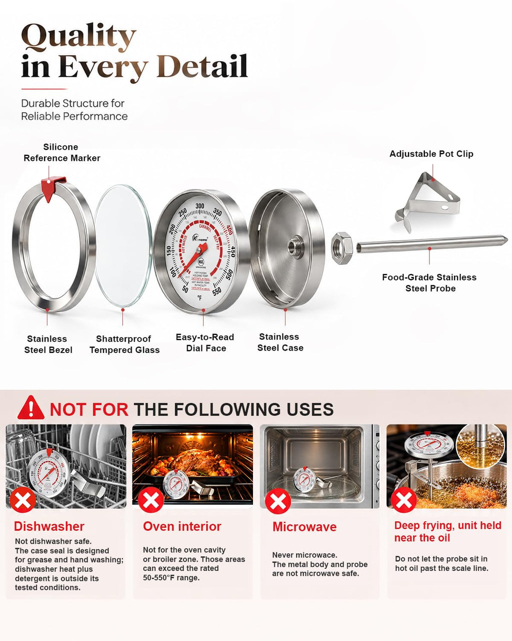 Candy Thermometer with Pot Clip Deep Fry Oil Thermometer 12-Inch Probe 2PC