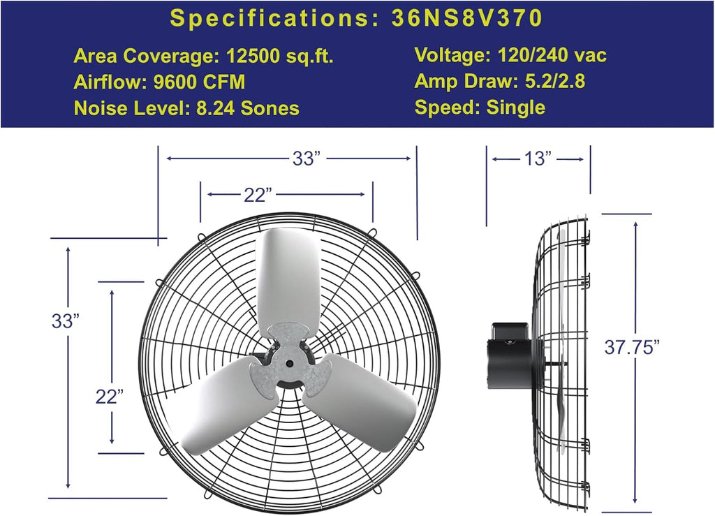 Hessaire 36NS8V370 Exhaust Fan, 36-Inch, 9600 CFM, Guard Mount, Corrosion Resistant