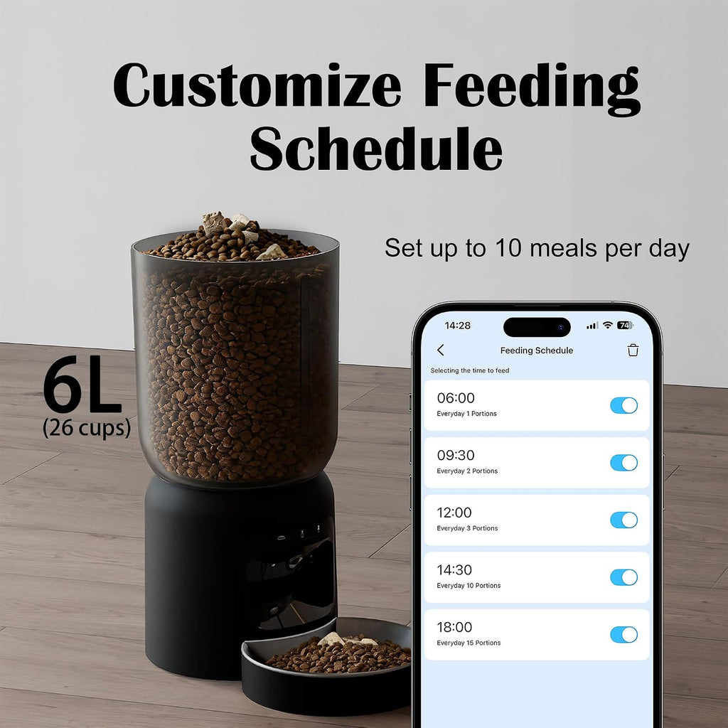 Automatic Cat Feeder with 2K Camera: Cat Food Dispenser with 6L Capacity, Container for Multiple Pet; Automatic Dog