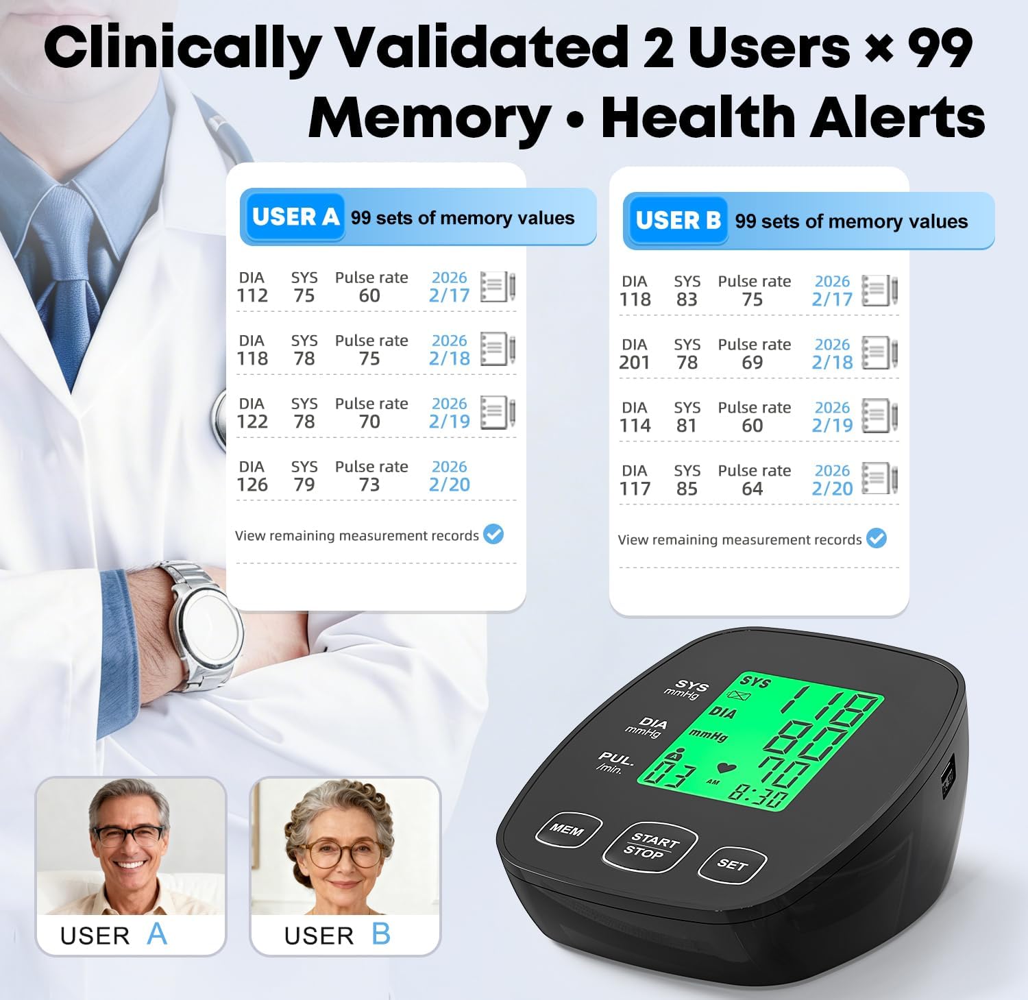 Blood Pressure Monitor for Home Use, Upper Arm Wide Range Cuff Fits Pediatric to Large Adult, Easy to Use Accurate