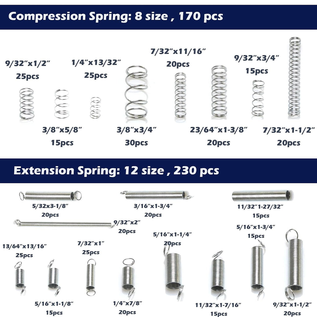 400pcs Spring Assortment Kit-20 Sizes Compression & Extension Spring Set