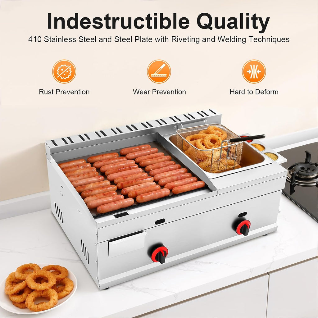Propane Deep Fryer & Flat Top Grill Griddle, Commercial 2 Burner Fryer