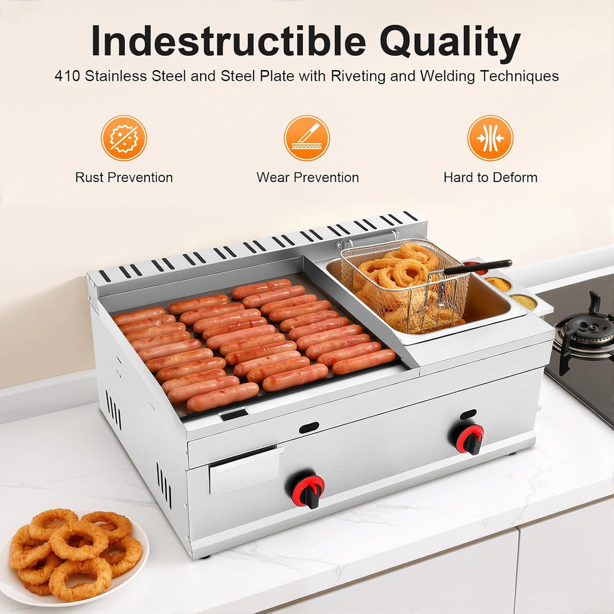 Propane Deep Fryer & Flat Top Grill Griddle, Commercial 2 Burner Fryer