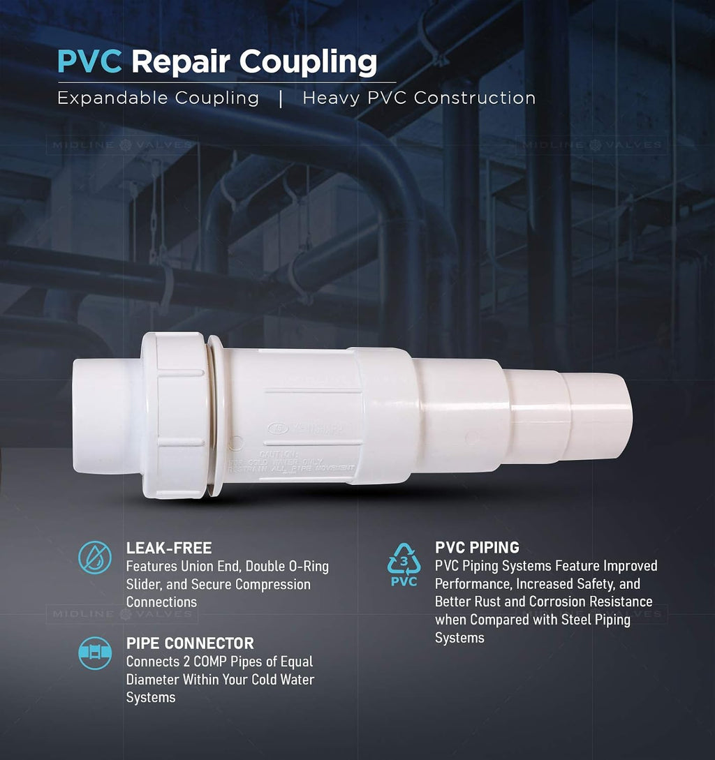 Midline Valve 567SD112 Heavy Duty PVC Repair Coupling; Expandable Pipe Fitting; 1-1/2 in.; White Plastic