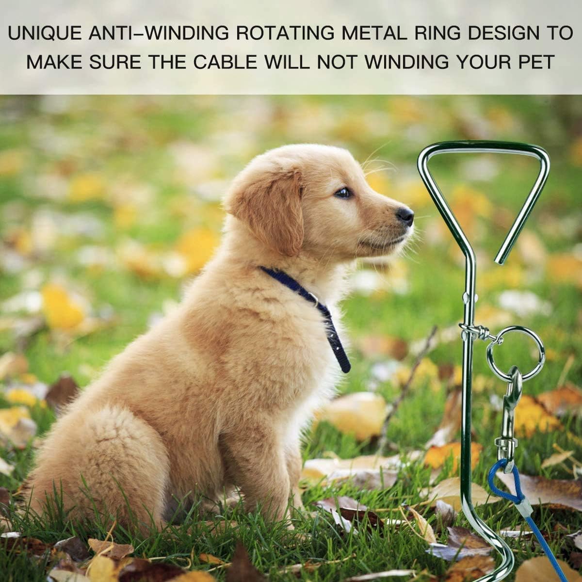 Dog Stake Tie Out Cable - 16/30" Anti Rust Reflective Stake for Medium Large Dogs Up to 125 lbs, Dog Cable Runner and