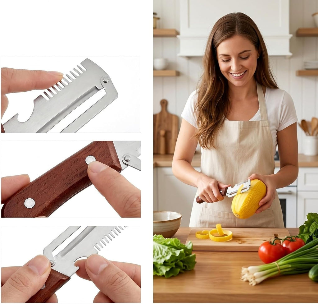 2-Pack Multifunctional Vegetable Peeler, 3 in 1 Kitchen Peeler with Wooden Handle, Grater & Bottle Opener for Potato
