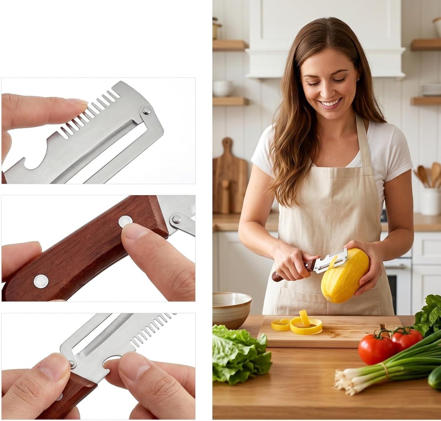 2-Pack Multifunctional Vegetable Peeler, 3 in 1 Kitchen Peeler with Wooden Handle, Grater & Bottle Opener for Potato